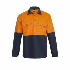 WorkCraft Hi Vis Closed Front Cotton Drill Shirt w_Semi Gusset Sleeves_ Orange_Navy