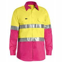 Bisley BS6696T Hoop Reflective Cotton Drill Shirt, Long Sleeve, Yellow/Pink