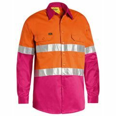 Bisley BS6696T Hoop Reflective Cotton Drill Shirt, Long Sleeve, Orange/Pink