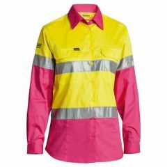 Bisley BL6696T Womens Hoop Reflective Cotton Drill Shirt, Long Sleeve, Yellow/Pink