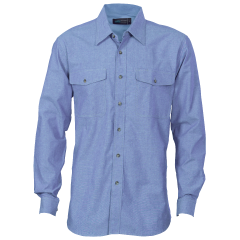DNC 4104 155gsm Mens Twin Flap Pocket Cotton Chambray Shirt, Long Sleeve, Blue