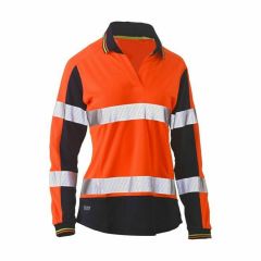 Bisley Womens Long Sleeve Taped Two Tone Hi Vis V_Neck Polo_ Orange_Navy