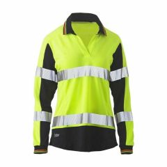 Bisley Womens Long Sleeve Taped Two Tone Hi Vis V_Neck Polo_ Yellow_Navy