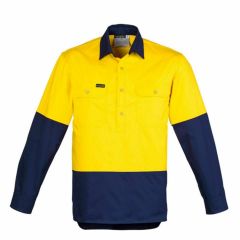 Mens Hi Vis Closed Front Long Sleeve Shirt Yel Navy