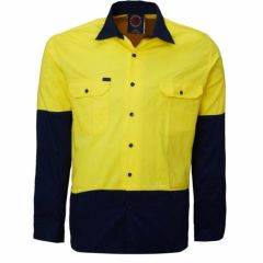 Ritemate HiVis 190gsm Cotton Drill Shirt_ Yellow_Navy_ Long Sleev