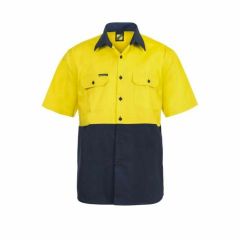 WorkCraft Hi Vis Two Tone Short Sleeve Cotton Drill Shirt_ Yellow_Navy