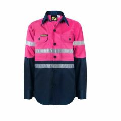 WorkCraft Kids Lightweight Tape Two Tone Long Sleeve Cotton Dril Shirt_ Pink_Navy