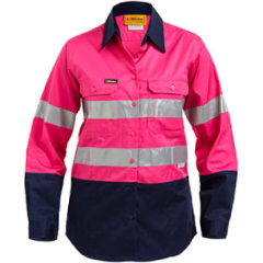 Bisley BL6896 Womens Lightweight 155gsm Hoop Reflective Shirt, Long Sleeve, Pink/Navy